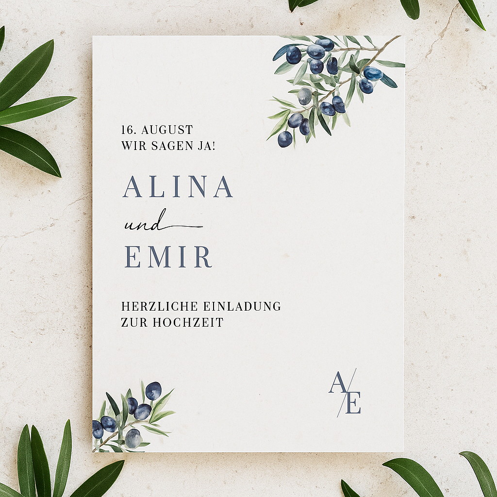 Hochzeitseinladungskarte mit Olivenzweigen