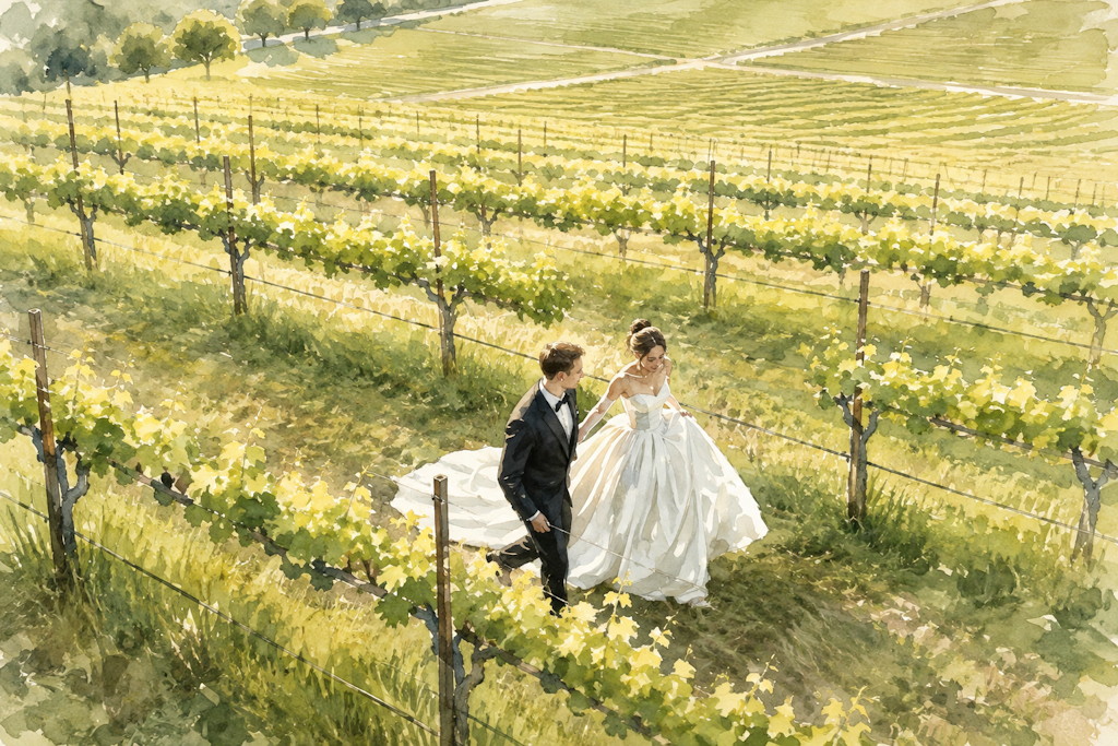Brautpaar spaziert bei Sonnenlicht durch einen Weinberg - Hochzeitsfotos zwischen den Reben rund um Stuttgart